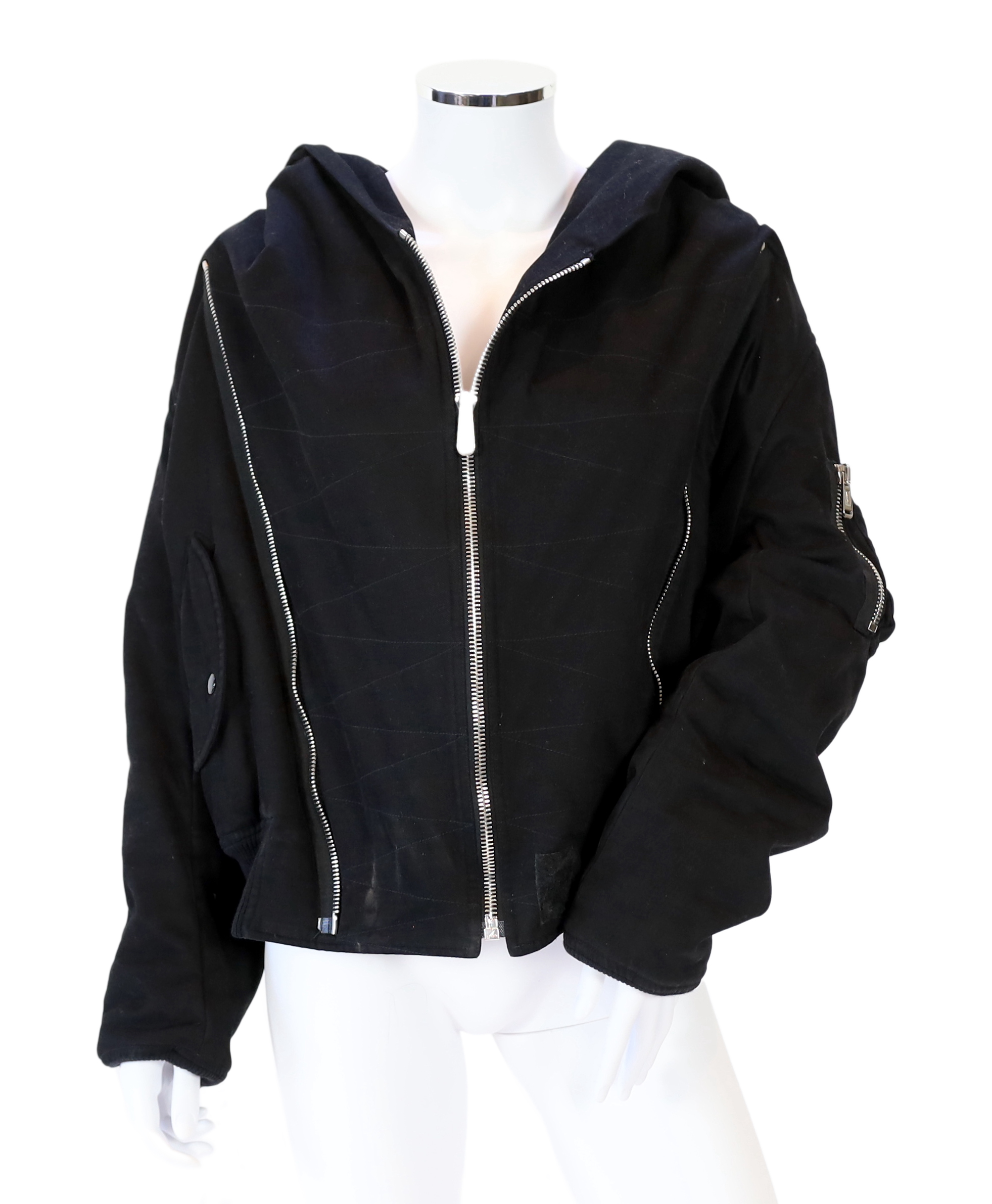 A vintage Yves Saint Laurent lady's hooded black double zipped bomber jacket, size 10-12